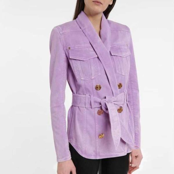 

2023 spring new balman same style women's jacket double breasted taro purple lace up denim suit coat, White