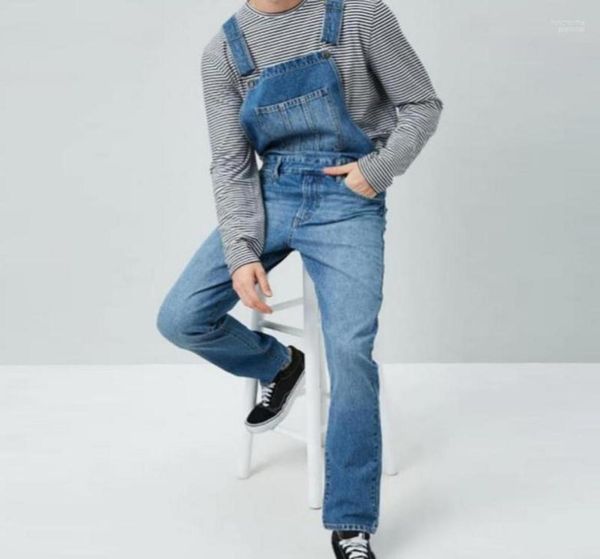 

men039s jeans vintage denim overalls men solid slim one piece full length casual straight button strap pant pockets pantalon ho8404601, Blue