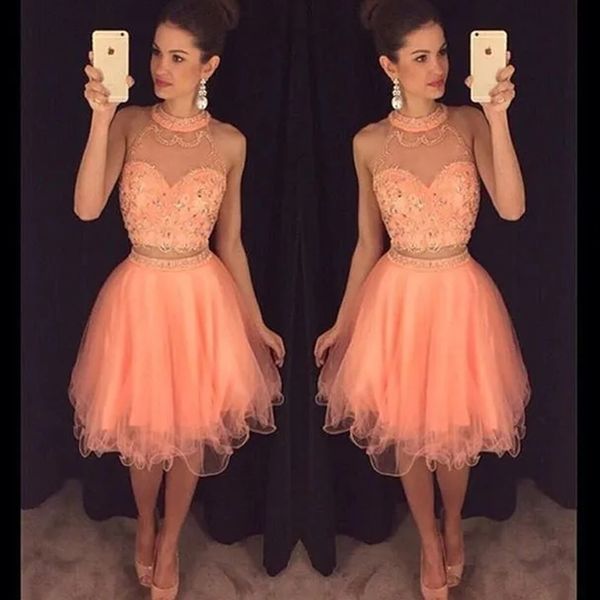 

2023 backless halter cocktail dresses sequins beaded 2 pieces girls homecoming dress short prom party gown, Blue;pink