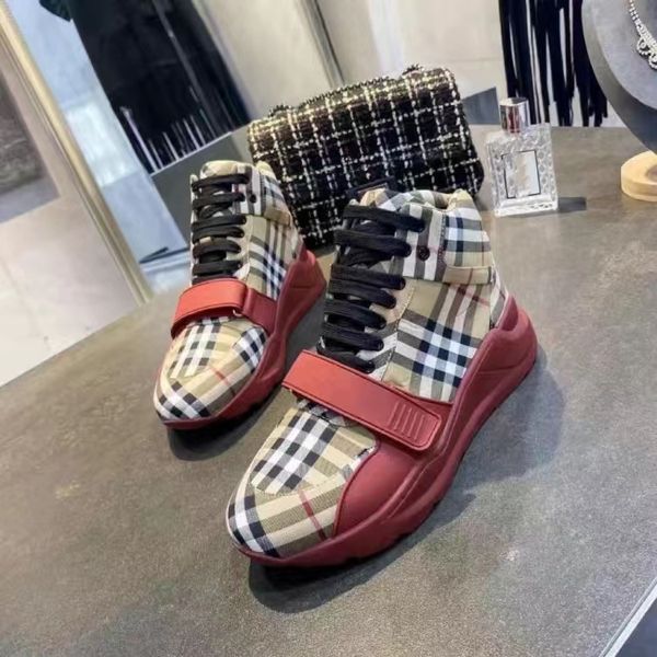 

designers shoes vintage men check sneakers designer men suede leather gingham sneaker front fastening ankle trainers casual sports shoes 35-, Red;white