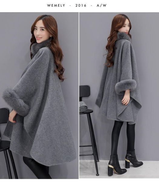 

women woolen coat cape coat poncho faux fur collar loose outwear knitwear cloak coats long poncho faux fur big yards4942118, Black
