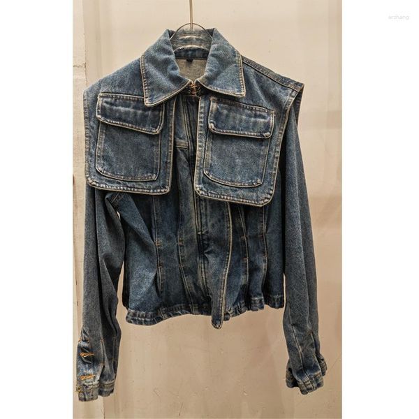 

women's jackets early autumn fashionable and street style handsome versatile patchwork pockets denim coat, Black;brown