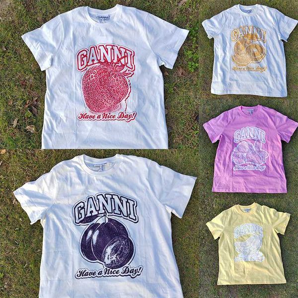 

2023 ganni designer t shirt classic design multi fruit collection printed multicolor letter women's short sleeve t-shirt fashion loose, White