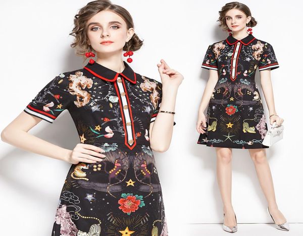 

printed lapel womens dress short sleeve ol retro summer dress fashion highend lady dress party dresses3236869, White;black