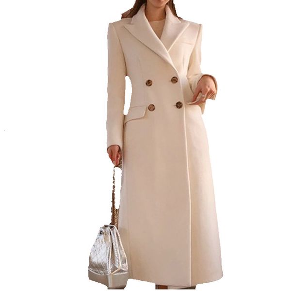 

women's wool blends autumn winter women woolen coat women double breasted wool coat white wool blens coat 230830, Black