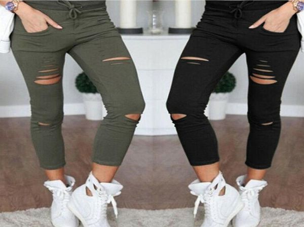 

cargo pants women fashion slim high waisted stretchy skinny broken hole pencil pants solid color streetwear trousers womens9276710, Black;white