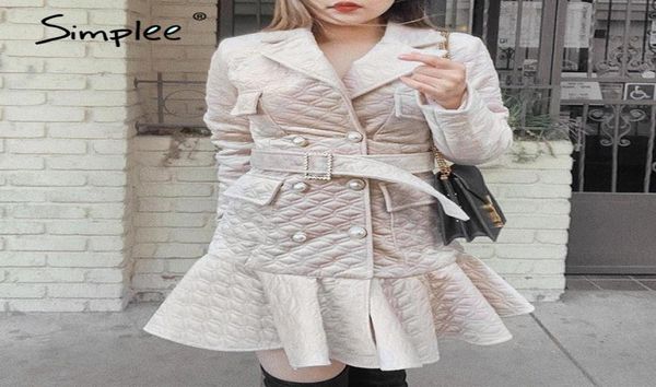 

simplee elegant diamond pattern aline women winter dress vneck pearl button belt ruffled dress high street warm short2068383, Black;gray