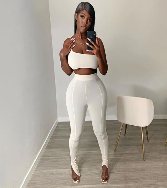 

white one shoulder bodycon matching sets women sporty casual skinn two piece outfits sleeveless and side slit pants8138008, Gray