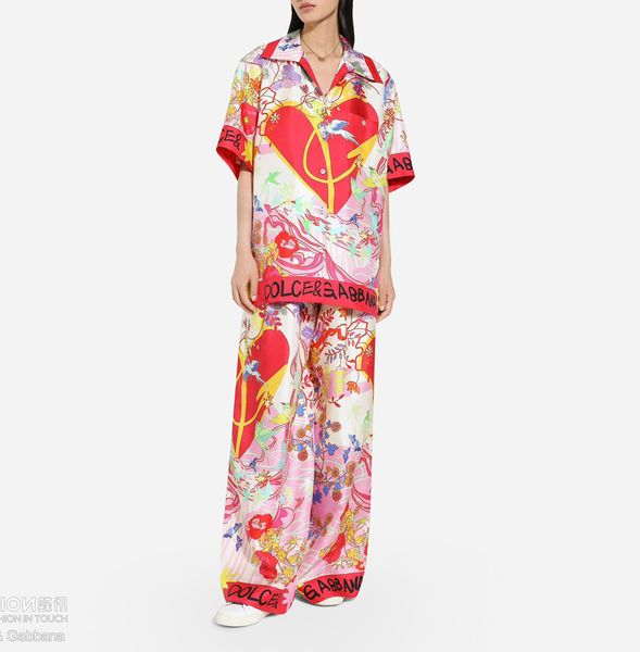 

european fashion brands flower red heart magpie bridge printed silk shirts,skirt, pants series, White