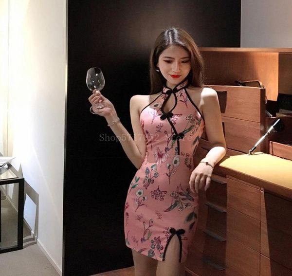 

ethnic clothing fashion pink cheongsam chinese traditional dress for women floral printed sleeveless slim split female qipao 8150981, Red