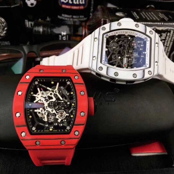 

designer watches richads mile rm carbon fiber red mens fully automatic mechanical hollow out personality large dial tape glow tide ghul, Slivery;black