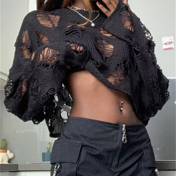 

women s hoodies cuteandpsycho hollow out y2k loose knit smock pullovers fashion chic oversized cute vintage fairycore ripped grunge clothes, Black