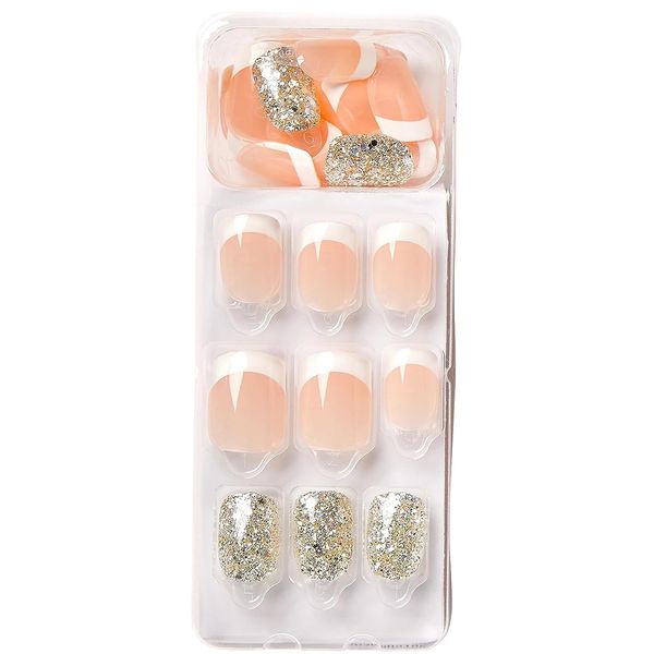 

press-on nails, nail kit, short square, and 24pcs fake nails, Red;gold