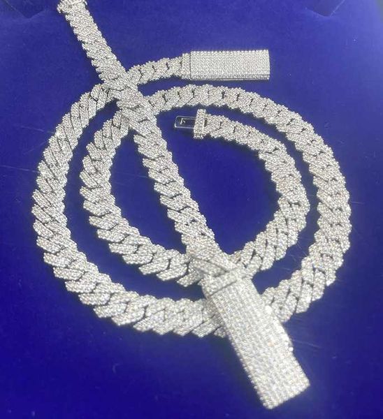 

s925 solid silver cuban chain jewelry 2rows 10mm 12mm width gra moissanite diamond cuban link chain hip hop necklace
