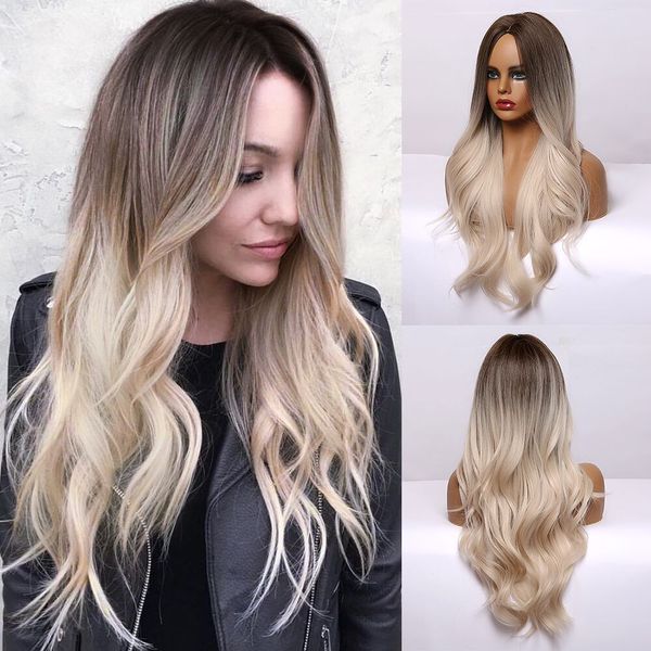 

long wavy dark brown to platinum blonde wig with dark roots heat resistant synthetic wigs women, Black