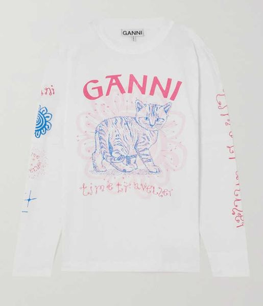

ganni 23ss designer t shirt pattern letter round neck splicing long sleeve t shirt womens washed fashion casual loose cotton sweatshirt tee, White