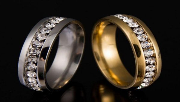 

new 20pcs ladies silver and gold full circle 1 row rhinestone cz inside polished stainless steel wedding party jewelry rings whole1789239, Slivery;golden