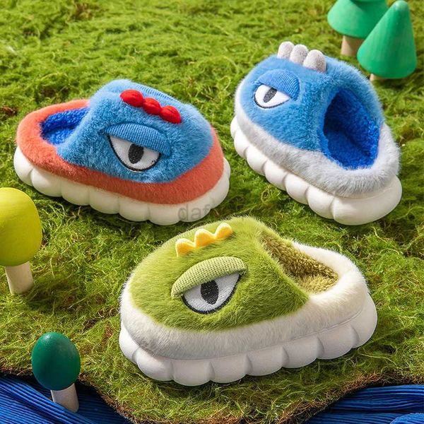 

slipper winter cute dinosaur children' slippers cartoon thick plush slippers for kids comfortable warm anti slip boys girls home shoes, Black;grey
