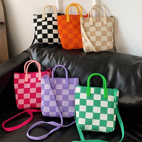

lady style children checkerboard handbags fashion girls plaid tote kids lattice knitted single shoulder bags z3732, Black