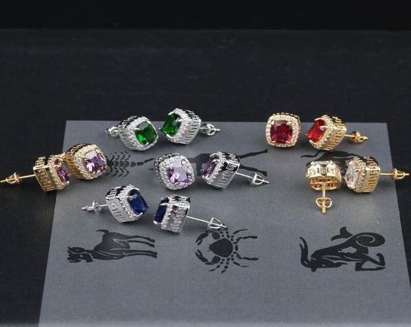 

hip hop colorful gemstone ear studs luxury designer mens bling iced out diamond earrings red green blue gem ruby emerald sapphire 6012193, Golden