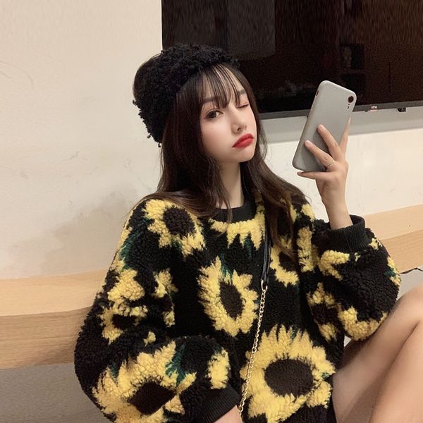 

women's sweaters ins wool sweater autumn and winter sunflower knitted long sleeve jumpers round collar loose outerwear girls cute pullo, White;black