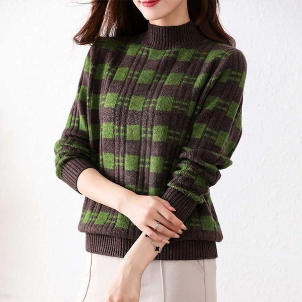 

half turtleneck sweater for women japanese style lazy retro loose design niche plaid top, White;black