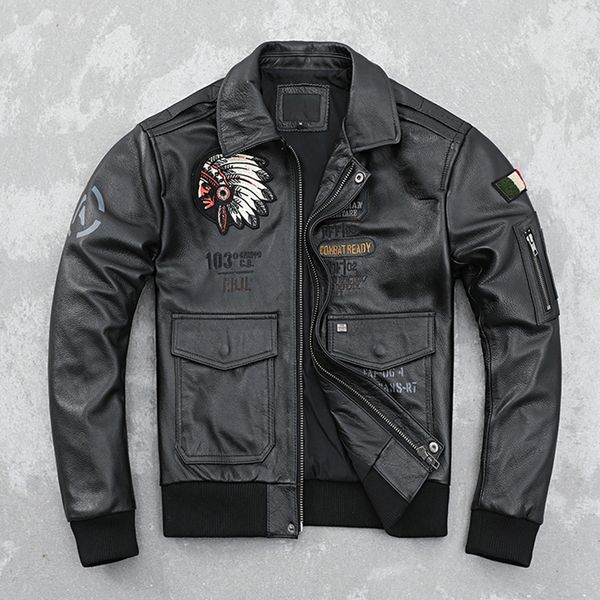 

men's leather faux cowhide air force flight suit genuine clothes indian embroidery pure jacket handsome fashion coat 230831, Black