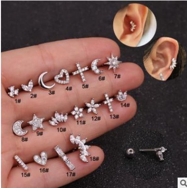 

piercing earrings jewelry stainless steel flower ear bone nail zircon screw earrings6648233, Golden;silver