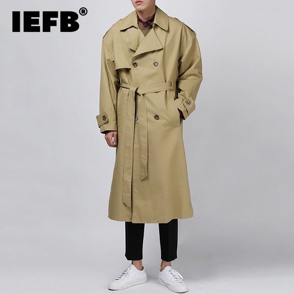 

men's trench coats iefb autumn winter windbreakers korean style casual handsome lace up male overcoat mid length over knee trend 9c1779, Tan;black