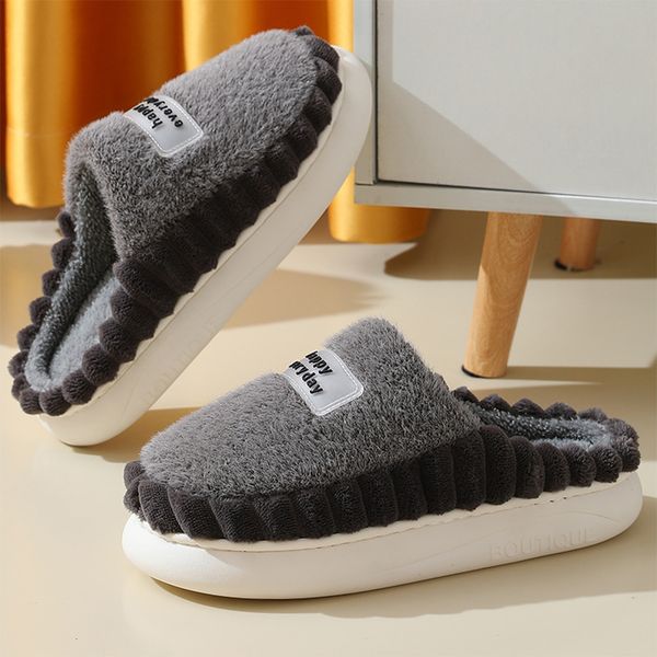 

slippers home slippers men big size plush winter warm soft slippers male stripe indoor slippers fashion trend house shoe solid eva chunky 23, Black