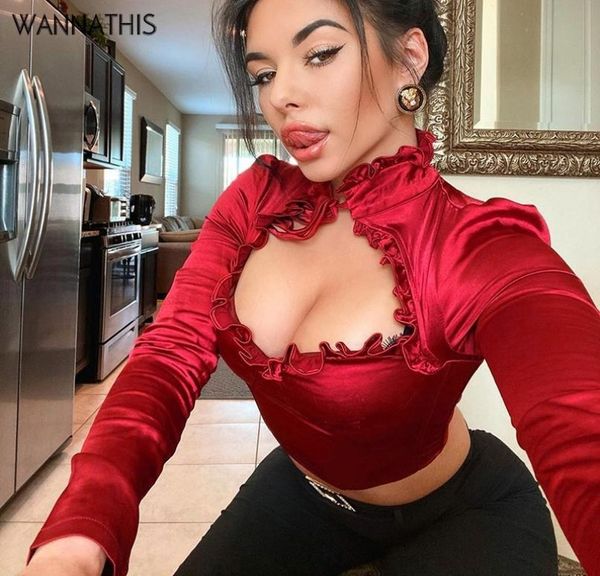 

wannathis satin front hollow out women blouse cropped mock neck bow lace up long sleeve fall slik ruffles slim elegant women y5811696, White