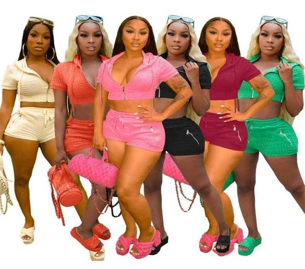 

two piece womens set towel jacquard tracksuits summer hoodies zipper outfits short sleeve shorts joggings suits1906711, Gray