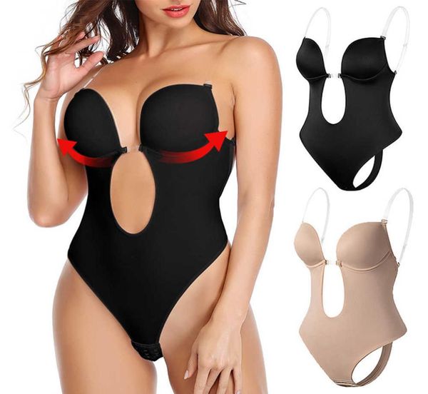 

women backless bra body shapewear seamless u plunge bodysuit bridal thong shaper bodysuit corset for wedding slimming underwear h13608120, Black;white