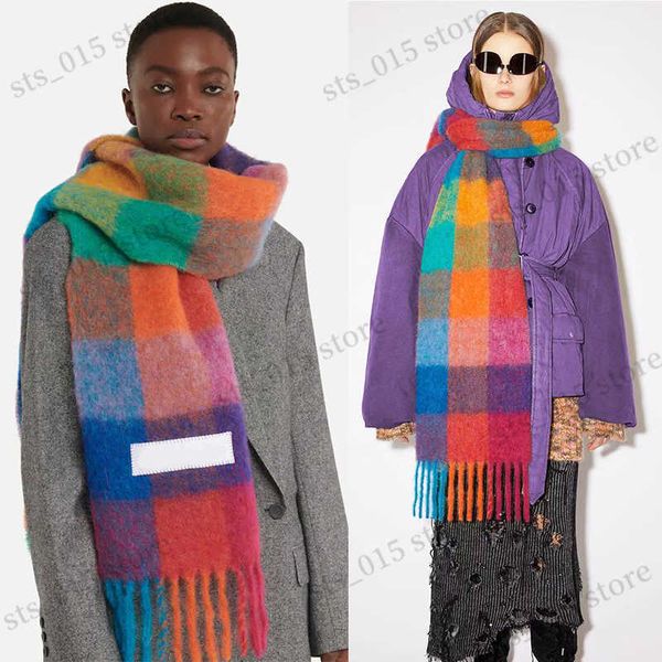 

scarves luxury brand women plaid scarf winter warm pashmina shawls cashmere thick wrap lady tassel blanket scarves rainbow hairy bufanda t23, Blue;gray