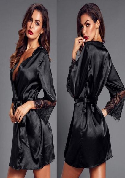 

women039s sleepwear 2022 female pajamas black white deep vneck lace stitching erotic lingerie bridal lacing dressing gown7746748, Black;red