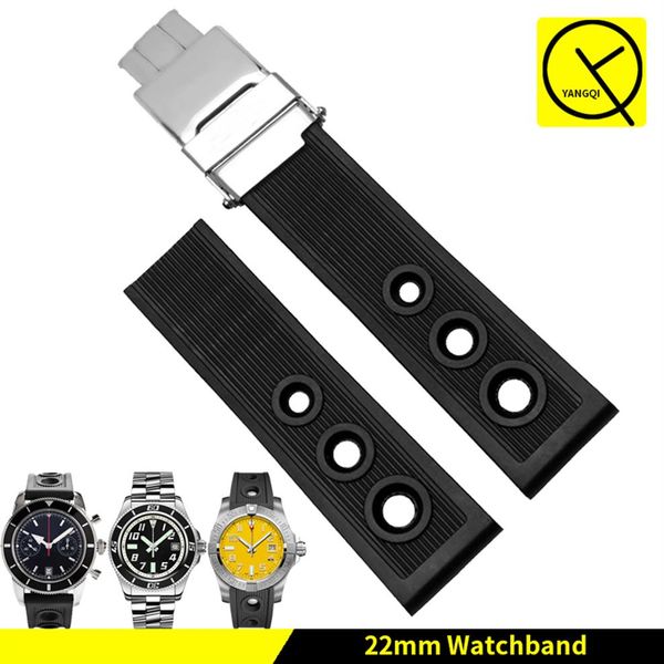 

watchband 22mm 24mm black blue waterproof diving silicone rubber watch band strap silver stainless steel clasp for breitling watch2648, Black;brown