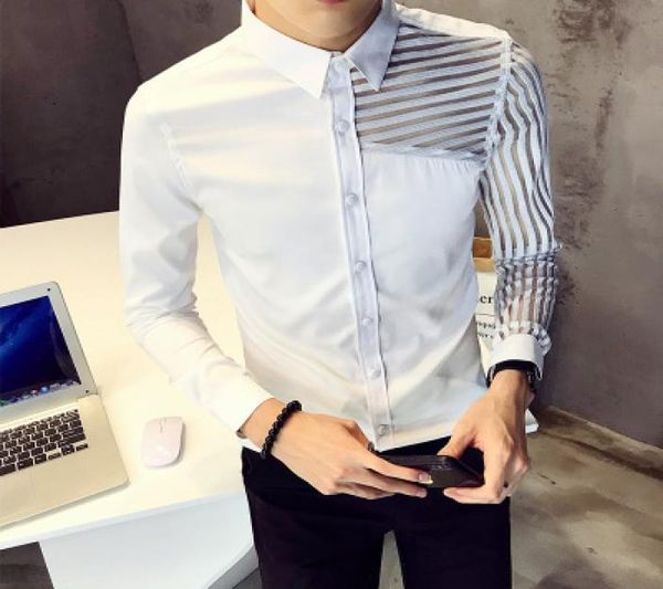 

slim fit shirt men transparent striped shirt designer dress social long sleeve white for men clothes camicia uomo9825563, White;black