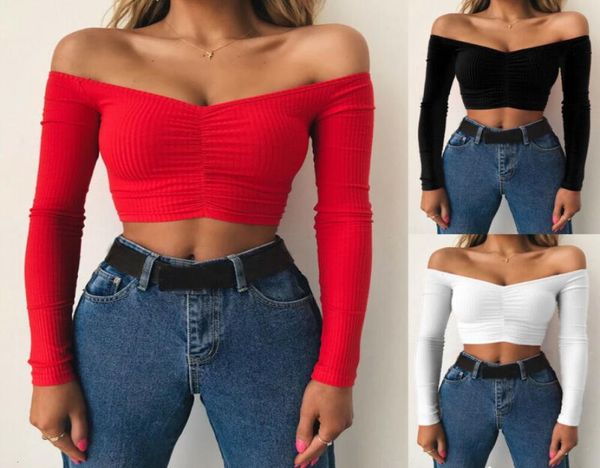 

women bandage off shoulder long sleeve shirt casual crop blouse slim shirt9042705, White