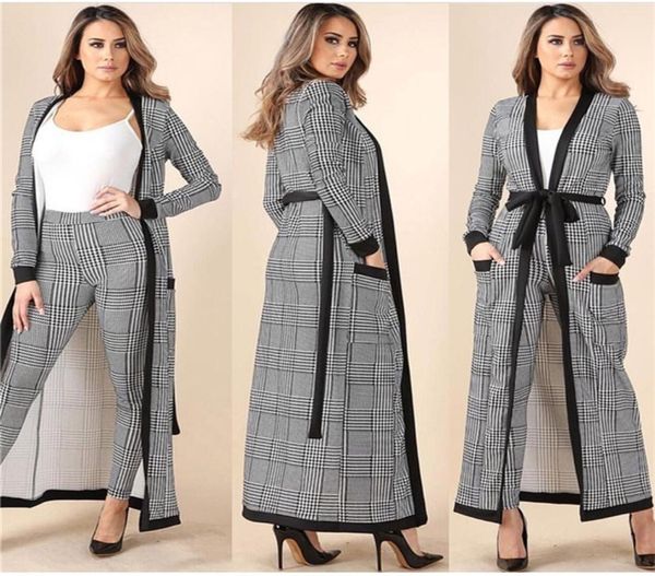 

2019 women casual two pieces sets long sleeve plaid 1 pant1 coat club outfits6835993, White