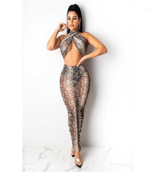 

fashion skinny two piece sets women leopard two piece dress see through halter crop 2pcs9772783, White