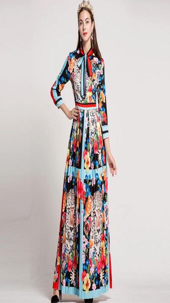 

new arrival 2018 autumn women039s o neck long sleeves bow detailing floral printed striped pleated elegant maxi runway dresses5295328, Black