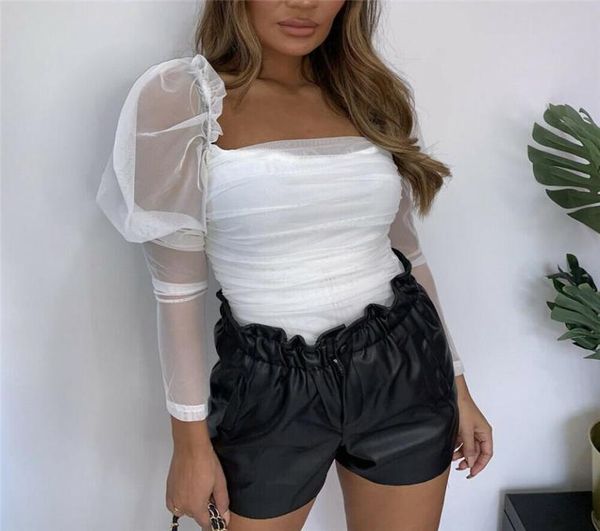 

white puff sleeve tulle blouses ladies long sleeve backless white shirts blusa autumn streetwear fit slim clubwear2031089