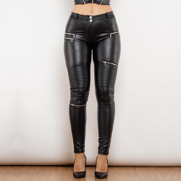 

shascullfites melody women pu matt black leather pants push up high waist elasticity solid casual running fitness leggings, Black;white