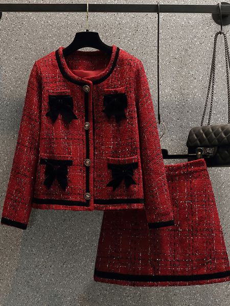 

two piece dress fall winter french vintage fragrance tweed two piece sets for women outfits korean sweet bow cardigansskirt sets clothing 23, White