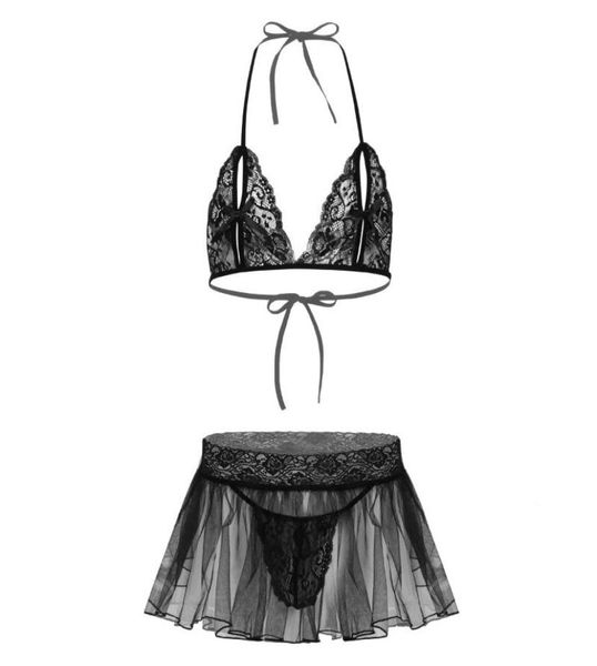 

bras sets men sissy see through sheer lace lingerie set halter neck nipple split bra mini flared skirt with briefs male c4256950, Red;black