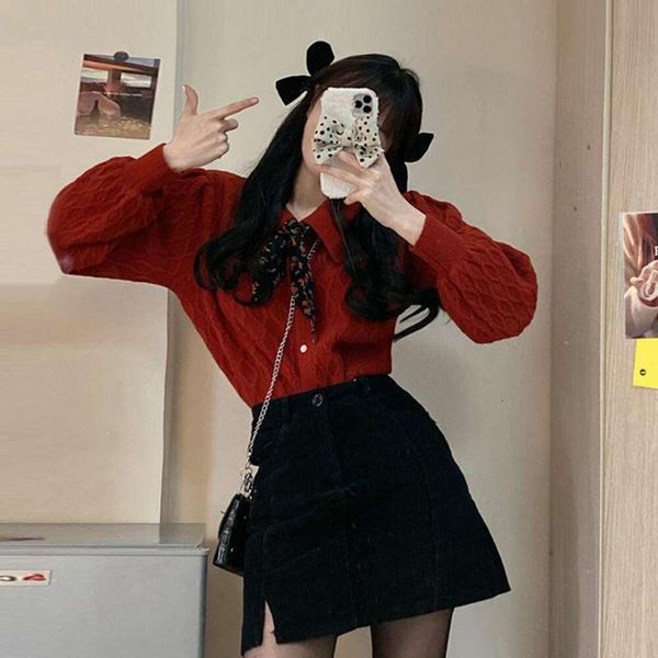 

small autumn and winter high sweaters looking girl suit female christmas red sweater pantskirt two piece set, White;black