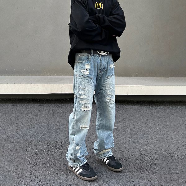 

men's jeans ripped jeans men streetwear autumn trousers y2k fashion casual loose street blue designer punk original hole winter denim p