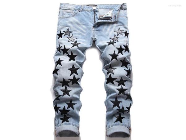 

men039s jeans america male blue orange star leather patchwork hole repair streetwear jean homme ripped men motorcycle pant7855336