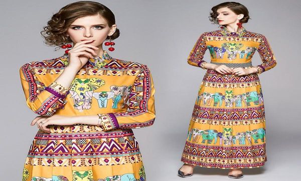 

whole spring summer fall runway vintage floral print collar long sleeve empire waist women ladies casual party maxi beach luxu7123166, Black;gray