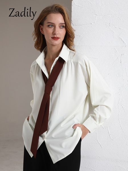

women's blouses shirts zadily spring minimalist long sleeve button up shirt women korean style solid tie oversize shirts blouse loose c, White